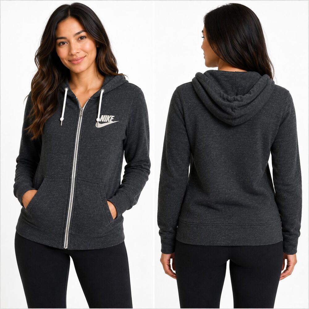 Nike Sportswear Women's Full Zip Hoodie Charcoal Heather Gray Logo Sweatshirt L